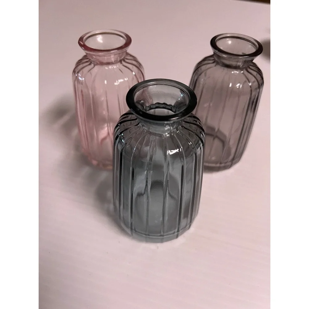 Set of 3 Ribbed Glass Bud Vases Pink Grey Teal Blue Small Flower Vases Decor